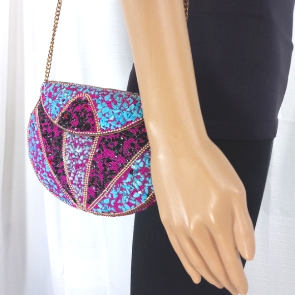 VINTAGE Handmade INDIAN Stones & Beads Mosaic Over Metal Top Flap Crossbody EUC - Picture 3 of 15